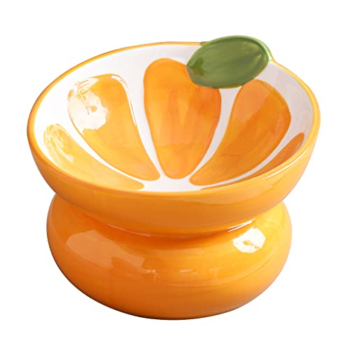 Ceramic Raised/Elevated Cat Food Bowl for Indoor Cats, Anti Vomiting & Protect Pet's Spine, Cute Fruit Themed Tilted Cat Dish for Flat Faced Cats and Kitten (Orange Shaped) - color: Yellow