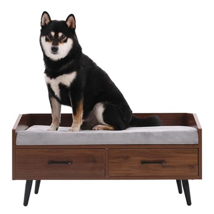 Elevated Dog Bed for Small to Medium Dogs – 32” x 21” Indoor Wooden Pet Sofa with Soft Cushion, Mid-Century Modern Style, Sturdy & Stylish (Walnut) - color: Grey