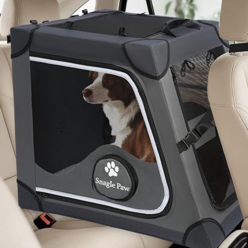 Portable Dog Crate for Car Travel,Metal Frame Pet Crate,Pet Carrier for Car Back Seat Secures with Headrest Strap and Seatbelt,L,Gray - color: Gray, size: Large