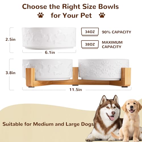 Dog Bowls Set with Wood Stand & Mat Waterproof, 3.5 Cups Ceramic Dog Bowls Elevated for Medium Dogs, Dual Food and Water Bowls with Weighted Non-Slip Base 28.7 OZ - size: M-3.5 Cups