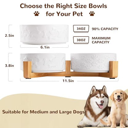 Dog Bowls Set with Wood Stand & Mat Waterproof, 3.5 Cups Ceramic Dog Bowls Elevated for Medium Dogs, Dual Food and Water Bowls with Weighted Non-Slip Base 28.7 OZ - size: M-3.5 Cups