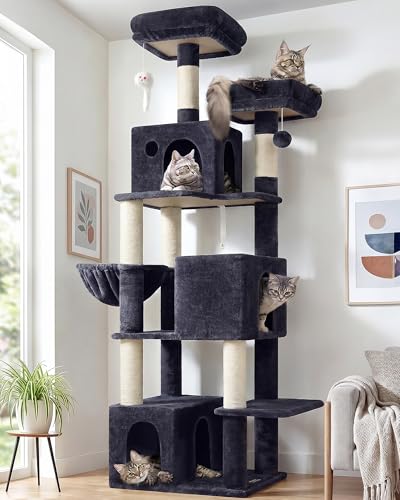 Globlazer Cat Tree Tall, 71 inches Cat Tower for Indoor Adult Cats Multi-Level 3 Condos for Indoor Cats XL Cat Tree Tower with Scratching Posts, Soft Extra Large Hanging Basket, F71, Dark Gray - color: Dark Grey