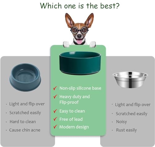 Large Dog Bowls, Non Slip Heavy Ceramic Dog Food and Water Bowl with Silicone Base, 8" Pet Feeding Bowl for Small, Medium, and Big Dogs (Green, 8 Inches) - color: Green, size: 8 Inches