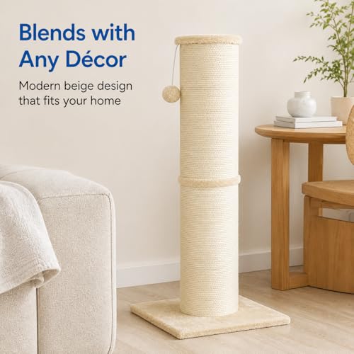 Sisal Cat Scratching Post for Indoor Cats & Kittens, 5.5" Diameter Heavy Duty Vertical Scratcher, 32 Inch Extra Tall Furniture Protector with Stable Base, Beige - color: Cylinder Beige