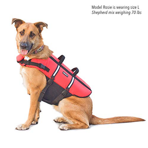 ZippyPaws Adventure Dog Life Jacket - Dog Life Vest for Swimming & Boating, Fits Small Pets, Lightweight Dog Flotation Device for Water Safety, Padded Handle, Adjustable Fit, 28-32" - Large, Red - size: Large