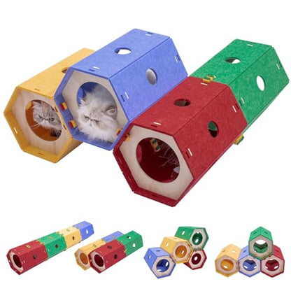 Cat Tunnel Bed for Indoor Cats, DIY Modular Felt Pet Tunnel Toy, 8 Way Hiding Large Rabbit Play Scratch House, Expandable Hideaway Peekaboo Kitten Cave, Hideout Cube, Washable Kitty Circle Tube, 1 Set