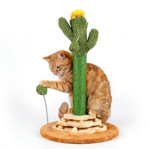 Cactus Cat Scratching Post Cat Tree, Cute Cat Scratching Post with Interactive Ball Two-Layer Track Spring Ball Toys, Standing Sisal Cactus Cat Scratcher for Indoor Cats and Kittens