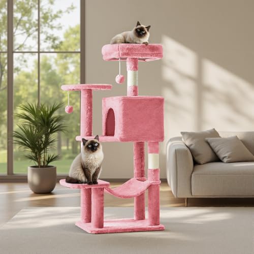 Cat Tree Tower 44 Inch, Small Cat Tower with Condo, Hammock, Sisal Scratching Posts, Extended Perch, Pet Play House for Indoor Kittens and Cats, Pink - color: Pink, size: 44in