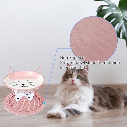 2PCS Ceramic Shallow Cat Food Dishes with Non-Slip Mat, Elevated Cat Food Bowl with Raised Metal Stand, Small Dog Bowl, Whisker Fatigue Pet Food Plate, Dishwasher Safe - color: Pink+Blue