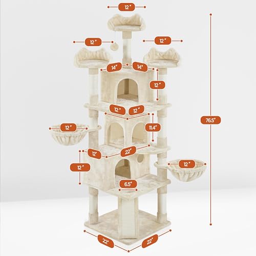 Yaheetech 76.5in Multi-Level Large Cat Tree, Big Cat Tower with 3 Condos, Cozy Plush Perches, 9 Sisal Scratching Posts and Ladder, Activity Center for Large Kitties, Beige - color: Beige