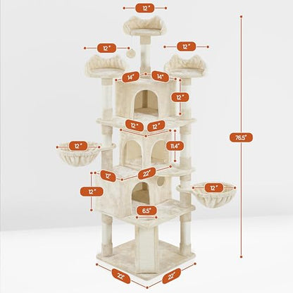 Yaheetech 76.5in Multi-Level Large Cat Tree, Big Cat Tower with 3 Condos, Cozy Plush Perches, 9 Sisal Scratching Posts and Ladder, Activity Center for Large Kitties, Beige - color: Beige