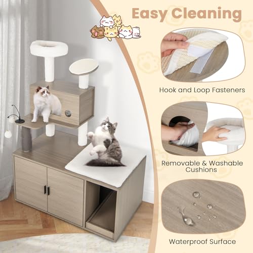 Tangkula Cat Tree with Litter Box Enclosure, Cat Tower with Litter Box, Cat Condo, Scratching Board, Soft Plush Perch, Dangling Balls, Groomer, Modern Hidden Litter Box Furniture for Indoor Cats