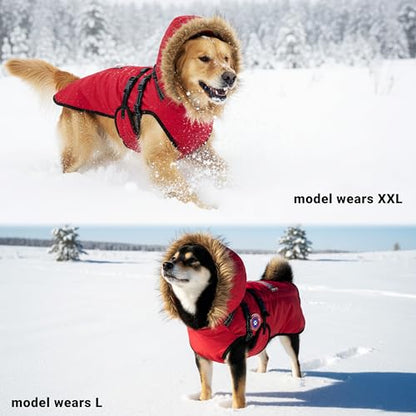 PAWNISAW Dog Winter Coat with Harness Built in, Warm Thick Plush Hooded Dog Snow Jacket for Cold Weather, Windproof Reflective Pet Clothes Outfit for Small, Medium, Large, XL & XXL Dogs Outdoor - color: Red