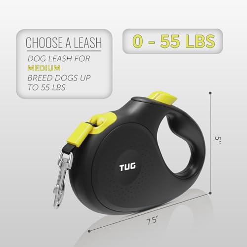 TUG 360° Tangle-Free Retractable Dog Leash | 16 ft Strong Nylon Tape (Medium, Black/Yellow) - color: Black/Yellow, size: Medium, 16 ft