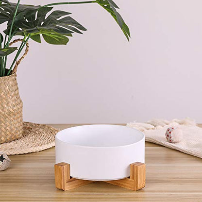Ceramic Dog Bowl with Bamboo Stand - Large Dog Dish for Food and Water - Heavy Weighted, No Tip Over - 8.4" Diameter - White - color: White