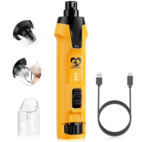 Casfuy 6-Speed Dog Nail Grinder – 50%+ Boost Power Dog Nail Trimmers Quiet with Dust Cap & 2 LED Lights & 2000mAh Battery & 4.8V Motor Electric Pet Toenail File Tool for Large Medium Small Dogs Cats - color: Yellow