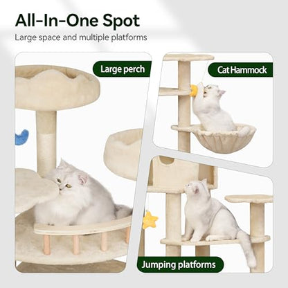 Meecal 79inch Heavy Duty Cat Tree for Indoor Cats Large Adult, Tall Giant Cat Tower with Scratching Post, Large Perches, Cozy Cat Condos & Hanging Hammocks, Beige - color: Beige