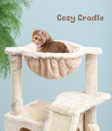 SYANDLVY Cat Tree for Indoor Cats Large Adults, Modern Activity Tower with Scratching Posts & Board, Condo with Plush Perch, Climbing Stand with Cradle & Hanging Ball for Play, Beige - color: Beige