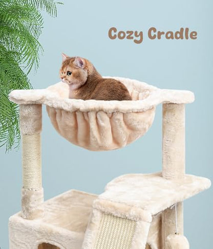 SYANDLVY Cat Tree for Indoor Cats Large Adults, Modern Activity Tower with Scratching Posts & Board, Condo with Plush Perch, Climbing Stand with Cradle & Hanging Ball for Play, Beige - color: Beige