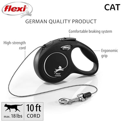 FLEXI New Classic Cord Retractable Cat Leash - X-Small – 10 ft., Black | Tangle-Free Pet Walking Leash with One-Handed Brake, Pause, Lock | German Quality Product