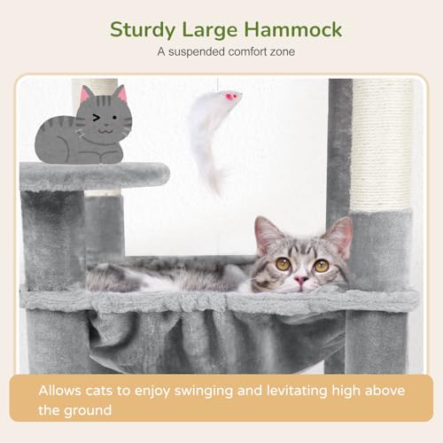 Globlazer Cat Tree Tower with Scratching Post for Indoor Cats, 53inch Tall Plush Multi-Level Cat Climbing Tower Condo House with Large Hammock, Spacious Cat Cave, Padded Top Perch Bed, F53, Light Gray - color: Light Gray