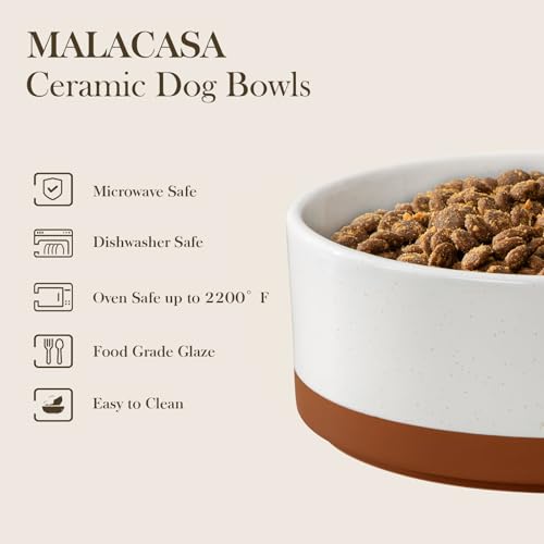 MALACASA Ceramic Dog Bowls Set with Wood Stand, 3.5 Cups Pet Bowls for Medium Dogs with Non-Slip Base, Large Puppies, Cats, Retrievers, ect.Pet Food & Water Basic Bowls Set, Weighted Glaze Matte.34 OZ - color: Vanilla White（2 PCS with Stand）, size: M-3.5