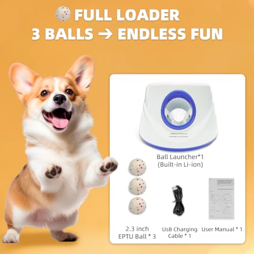 Automatic Dog Ball Launcher-Small Silent Dog Ball Thrower, 3 Adjustable Distances (20ft/33ft/46ft), Rechargable,Includes 3 Durable 2.3" Balls for Small/Medium Dogs (Blue, Medium) - color: Blue