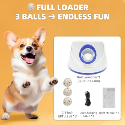 Automatic Dog Ball Launcher-Small Silent Dog Ball Thrower, 3 Adjustable Distances (20ft/33ft/46ft), Rechargable,Includes 3 Durable 2.3" Balls for Small/Medium Dogs (Blue, Medium) - color: Blue
