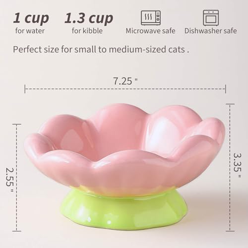 Ceramic Raised Cat Bowl, Shallow Wide, Anti-Vomiting and Whisker Fatigue, Non-Slip, Tilted Cute Flower Cat Food and Water Bowls for Indoor Cats or Small Dogs, Pink - size: Shallow Bowl