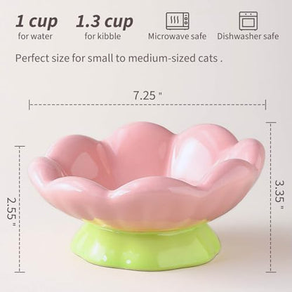 Ceramic Raised Cat Bowl, Shallow Wide, Anti-Vomiting and Whisker Fatigue, Non-Slip, Tilted Cute Flower Cat Food and Water Bowls for Indoor Cats or Small Dogs, Pink - size: Shallow Bowl