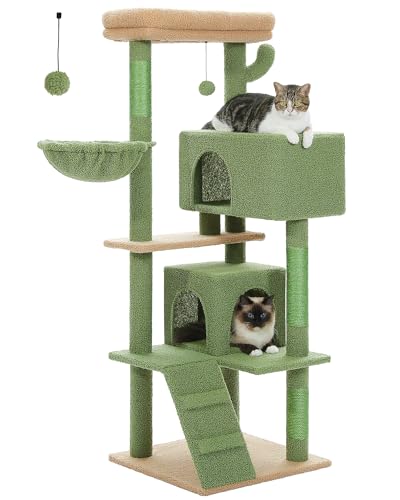 MUTTROS Cactus Cat Tree for Adult Cats with Super Large Top Perch, 56.3" Cat Tower for Cats with Plush Hammock, Dangling Pompom, Cat Scratching Posts and 2 Condos, Green House - color: Cactus Green, size: 56.3inch