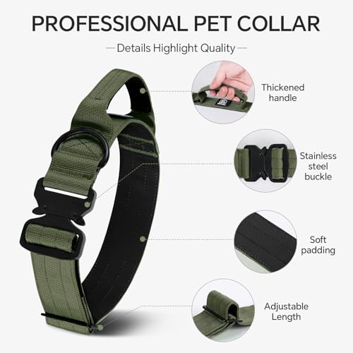 Tactical Thick Dog Collar, Adjustable Training Nylon Dog Collar, Heavy Duty Metal Buckle & Control Handle for Small Medium Large Dogs (M, Green) - color: Green, size: M