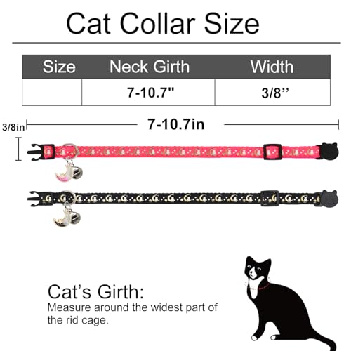 2 Pack Breakaway Cat Collar with Bells, Adjustable Moon and Star Kitten Safety Collars for Boys & Girls, Black+Hotpink - color: Black+Hotpink