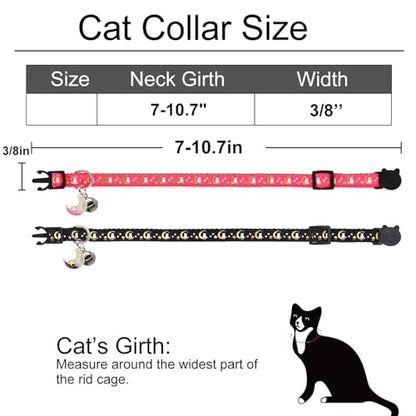 2 Pack Breakaway Cat Collar with Bells, Adjustable Moon and Star Kitten Safety Collars for Boys & Girls, Black+Hotpink - color: Black+Hotpink