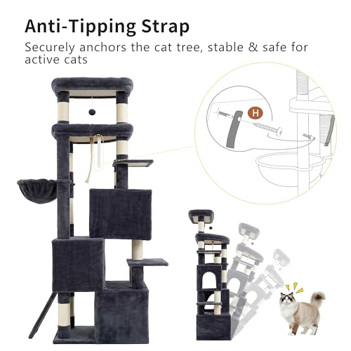 Heybly Cat Tree, 74-Inch Streamlined Cat Tower for Large Cats with 3-Tier Stacked Condos, Cat Furniture with Large Perch, Sturdy Base, Full Sisal Scratching Posts & Ramp, Smoky Gray HCT061G - color: Smoky Gray