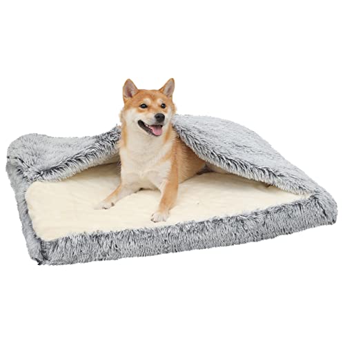 Dog Bed with Cover Cave, Orthopedic Dog Bed with Blanket, 33.5 * 27.6'' Rectangle Pet Crate Cozy Cuddler Mat, Anti-Anxiety Memory Foam Calming Pad for Puppy Cat with Removable Washable Cover - color: Grey