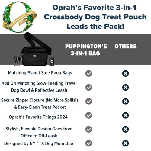 Puppington 3-in-1 Crossbody Dog Treat Pouch for Pet Training - Compostable Poop Bags, Built-In Poop Bag Dispenser, Slow-Feeding Travel Dog Bowl & Reflective Leash - Dog Walking Bag (Onyx Black) - color: Onyx Black