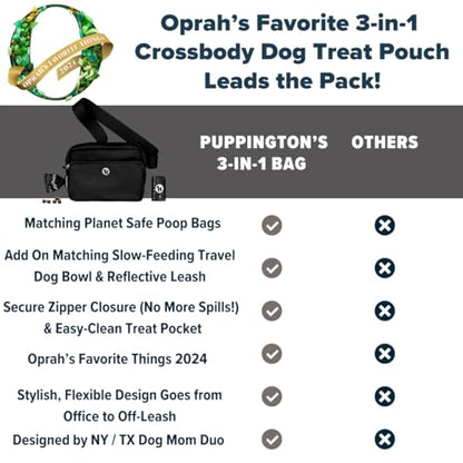 Puppington 3-in-1 Crossbody Dog Treat Pouch for Pet Training - Compostable Poop Bags, Built-In Poop Bag Dispenser, Slow-Feeding Travel Dog Bowl & Reflective Leash - Dog Walking Bag (Onyx Black) - color: Onyx Black