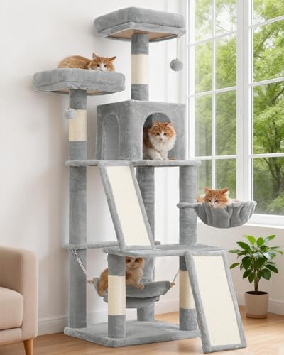 Gitelsnour Multi-Level Cat Tree for Indoor Cats, Cat Tower with 2 Scratching Boards, 2 Plush Padding Platforms, Cat Condo House with Hammock, Basket, Light Gray GCT022W - color: Light gray, size: 56 inches