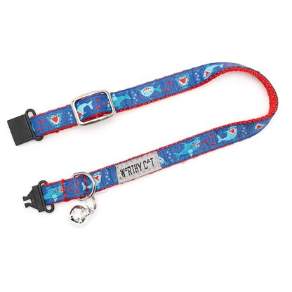 THE WORTHY DOG Chomp Cat Collar with Bell, Adjustable Nylon Safety Collar, Blue, One Size - color: Blue-Chomp
