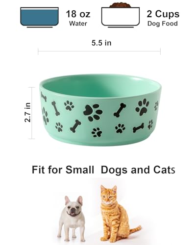 UBEE Ceramic Dog Bowl Set of 2, 5.5 inch Dog Food Bowl Dish with Bone Paw Pattern, Pet Food Water Dish Feeding Plates for Small Dogs, Puppy and Cat, Green - color: Green-dog paw, size: 5.5 inch x 2