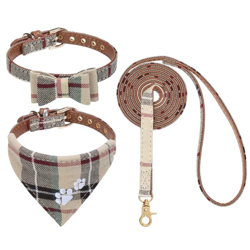 EXPAWLORER Dog Collar and Leash Set - Embroidered Pawprints Plaid With Bow Tie and Bandana, Adorable for Dogs Cats Outdoor Walking, Beige M - color: Beige, size: Medium