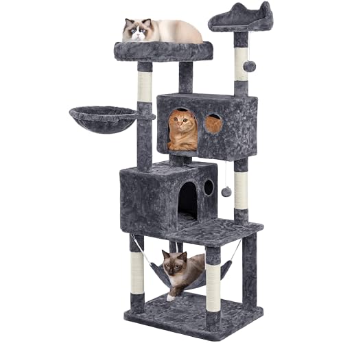 Yaheetech 64.5in Extra Large Cat Tree with 2 Perches, 2 Condos, 5 Scratching Posts, Funny Hammock & Basket & Dangling Balls, Multi-Level Cat Tower for Indoor Felines, Dark Gray - color: Dark Gray, size: 64.5in