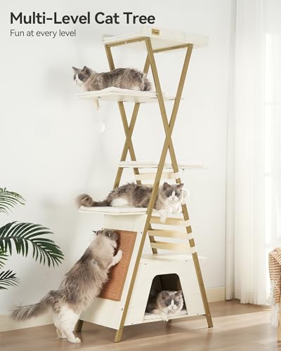 FourFurPets 72.4" Cat Tree, Modern Cat Tower for Indoor Cats, Multi-Level Cat Condo with Caves, Tall Cat Tree with Cat Scratching Board, Wooden Cat Tower with Large Perch, Removable Pads, White - color: White
