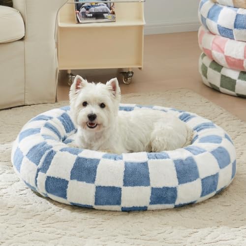Ohocut Checkered Dog Bed, Cute Blue Retro Style Aesthetic Round Warming Pet Calming Beds for Small Dog and Cats, Plush Cozy Donut Dog Beds Washable, 30" L x 30" W x 8" Th - color: Blue, size: 30"L x 30"W x 8"Th