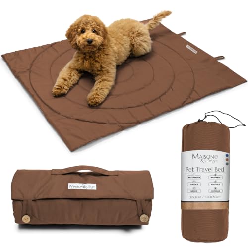 Dog Travel Mat - Portable Waterproof Foldable Dog Bed for Home, Car, Crate & Outdoor - Washable Roll Up Pet Mat for Medium & Large Dogs (39"x30") - Includes Carry Bag - color: Brown