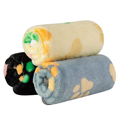Dono 1 Pack 3 Dog Blankets, Soft Fluffy Fleece Pet Blanket Warm Sleep Mat Paw Print Design Puppy Kitten Throw Blankets Doggy Blanket for Dogs - color: Black/Yellow/Gray, size: S(23*16")