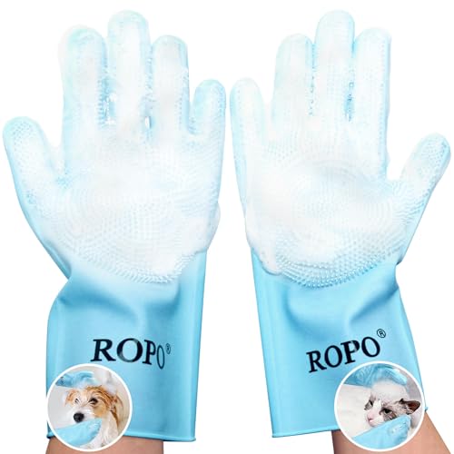 ROPO silicone gloves for pet grooming, multi-functional gloves for pet hair shedding, bathing, and massage (Blue) - color: Blue