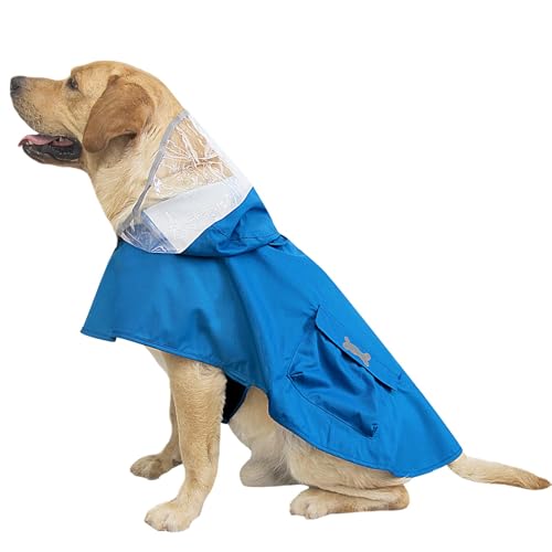 Dog Raincoat Waterproof, Adjustable Reflective Hooded Dog Rain Poncho with Leash Hole for Small Medium Large Dogs (Blue, Large) - color: Blue, size: Large(22-37lb)