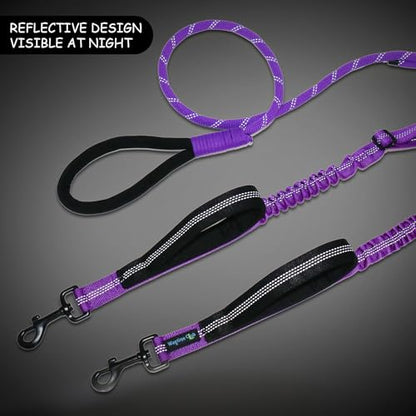 Double Dog Leash No Tangle – Dual Dog Leash for 2 Dogs with Shock Absorbing Bungee, 360° Swivel, Reflective Safety, Heavy Duty for Medium & Large Dogs (Vibrant Purple) - color: Vibrant Purple